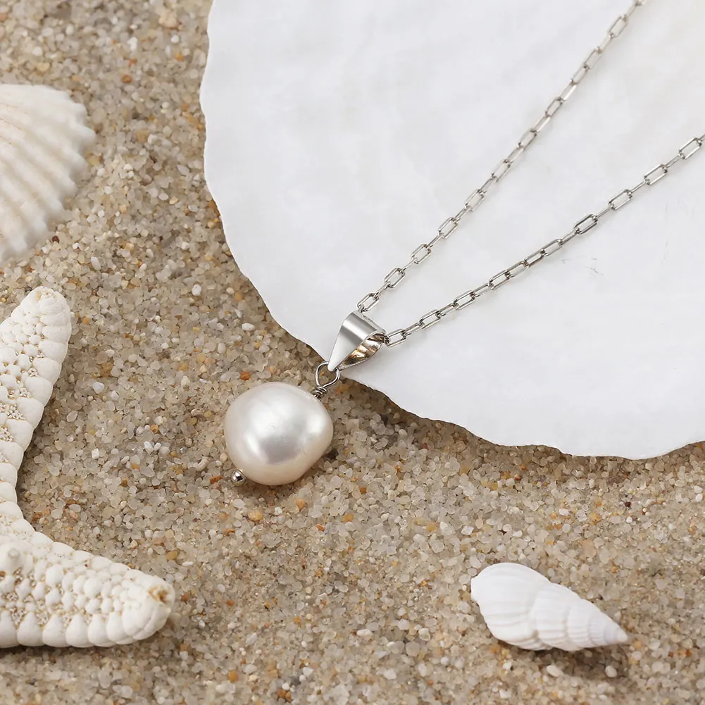 RINNTIN GPN24 Silver Freshwater Cultured White Pearl Drop Pendant 14K Gold Baroque Oval Shape Dangling Solitaire Pearl Necklace