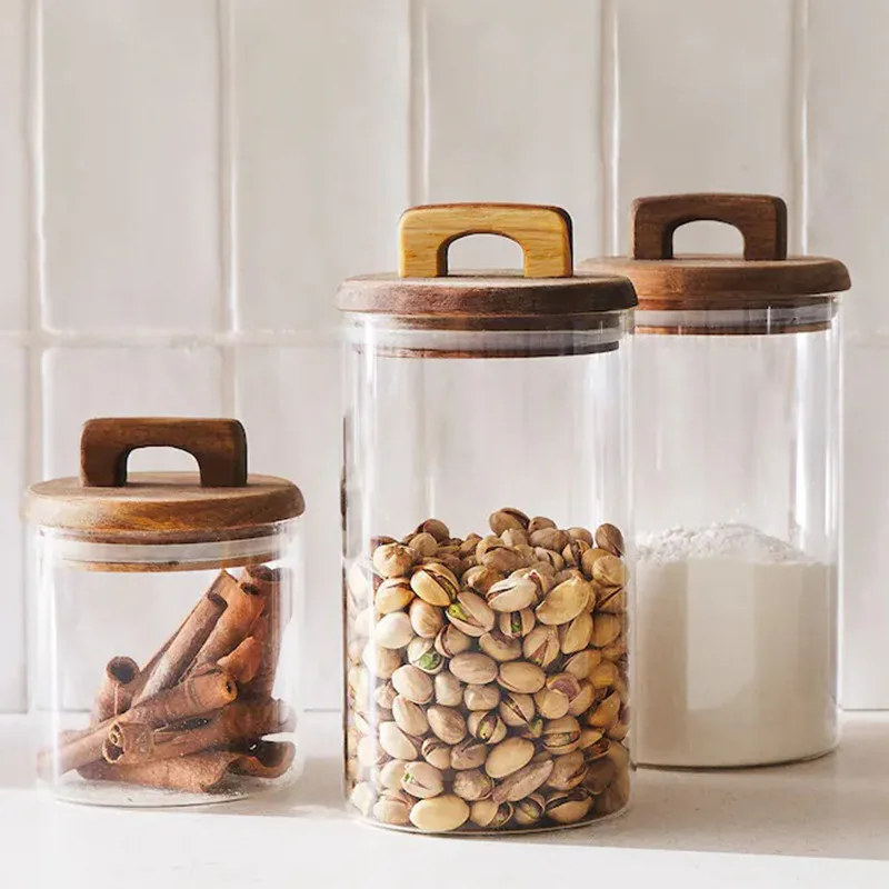Large Glass Jar with Acacia Wood Lid, 3100ml/ 105 FL OZ Glass Canister set with Cover and Handle, Tall Glass Food Storage Jars