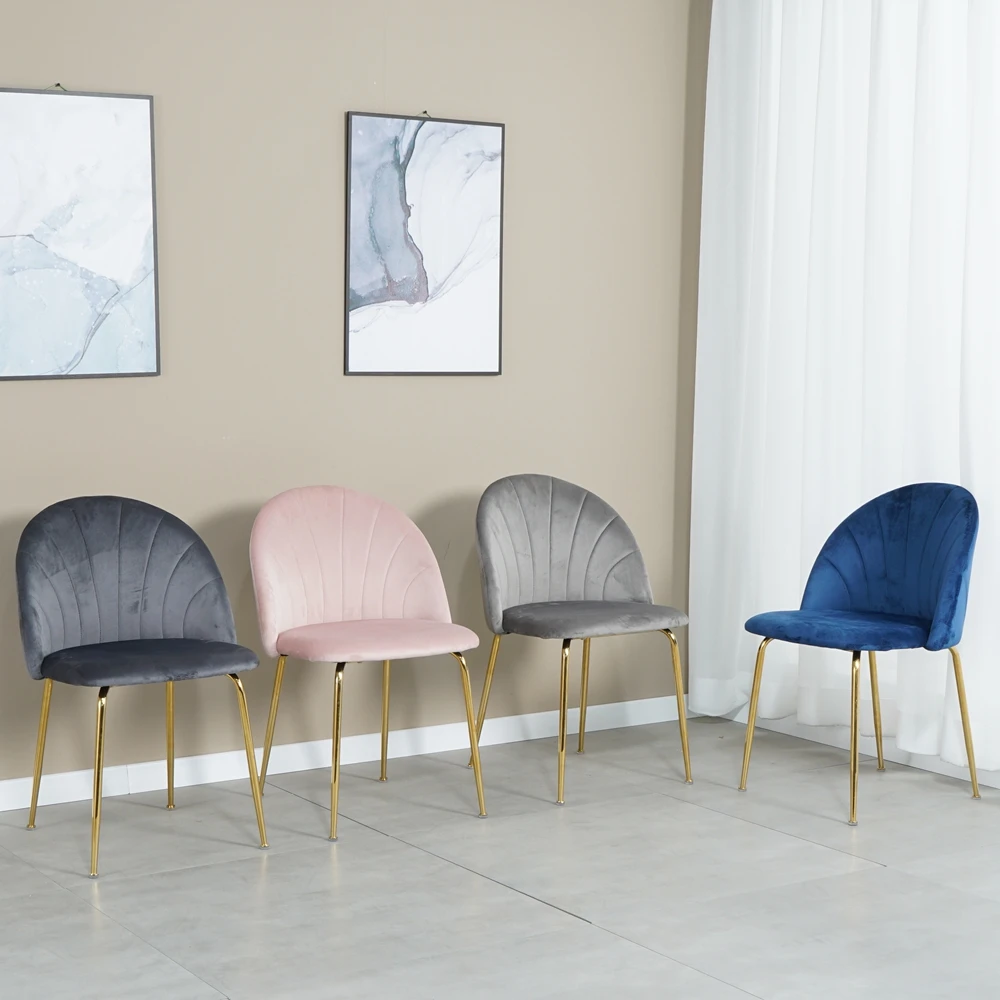 Factory Custom modern velvet upholstered fabric dining chair with golden chrome legs