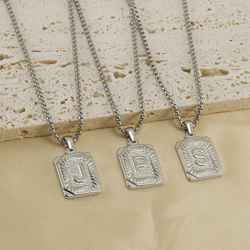 Tarnish Free Box Chain 26 Alphabet Initial Letter Necklace PVD 18k Gold Plated Stainless Steel Rectangle Initial Necklace