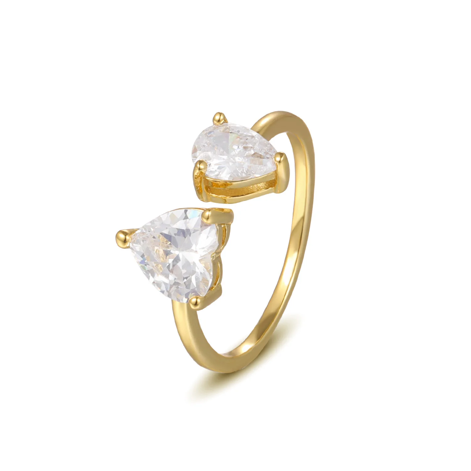 Fashion Double Heart Zircon Adjustable Ring 925 Sterling Silver Claw Setting Round Zircon Finger Ring For Women