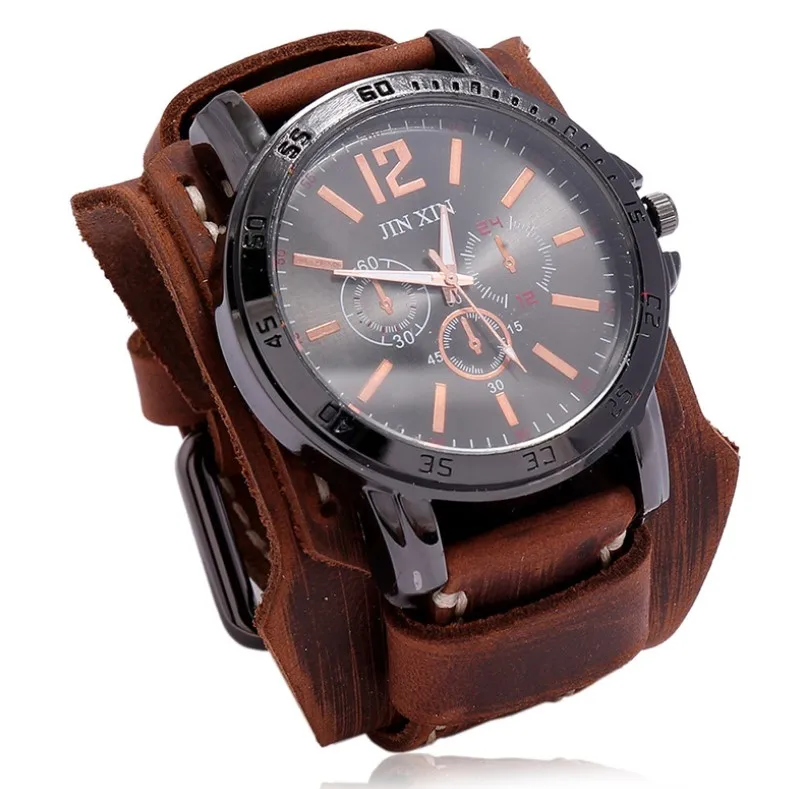 
Men Watch Luxury Wristwatch Quartz Cow Leather Strap Watch Fashion Blue Glass Punk Style Mans Watch Bracelet 