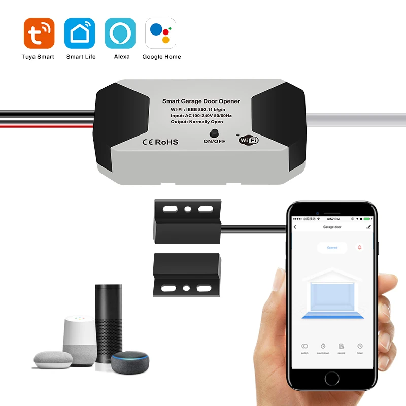 Tuya Wireless WIFI Smart Garage Door Opener Supports Alexa AC DC Garage Door Opener Controller