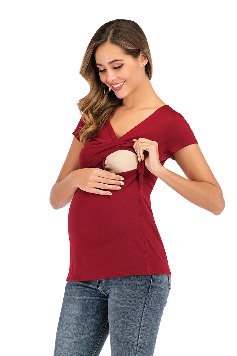 
Maternity Short Sleeve Maternity Dress With Chest Pad Pure Cotton Skin-Friendly Maternity Dress With Solid Color Top 