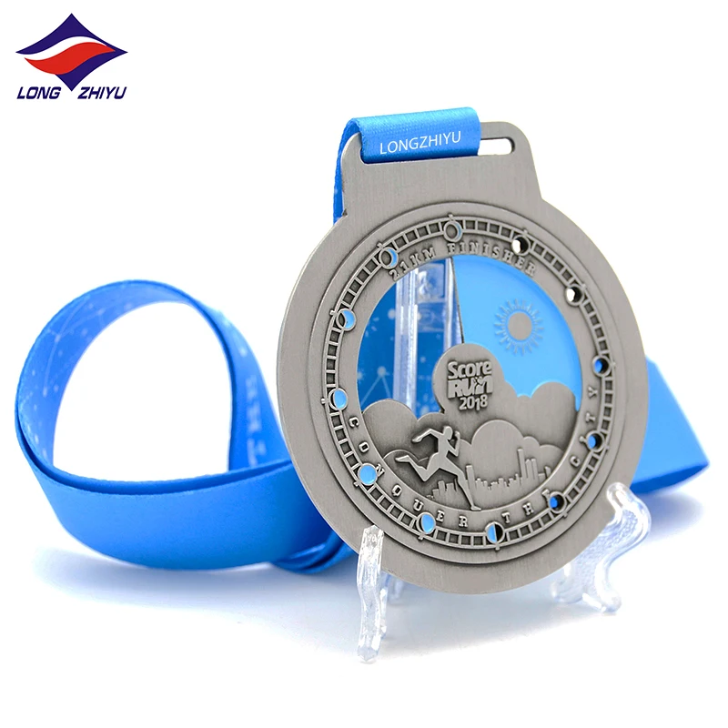 Longzhiyu 15 years maker sports marathon special antique silver and soft enamel cut-out with building  medals