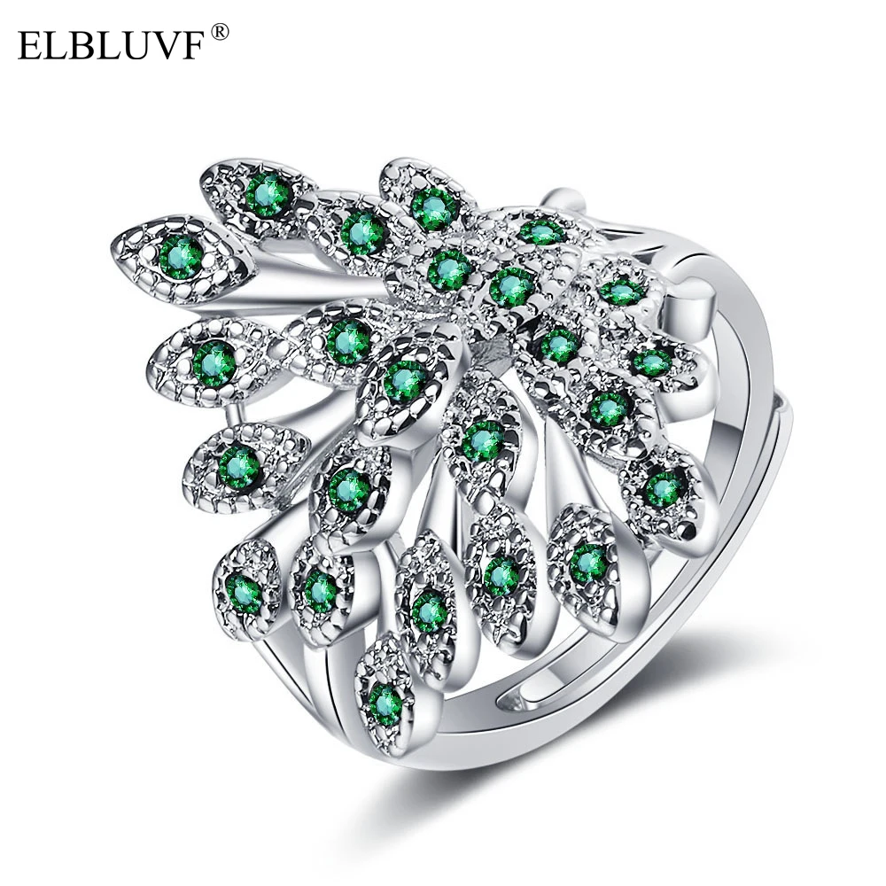 
ELBLUVF Free Shipping Korean Style Copper Alloy Jewelry Cubic Zircon Silver Color Platinum Plated Peacock Ring For Women 
