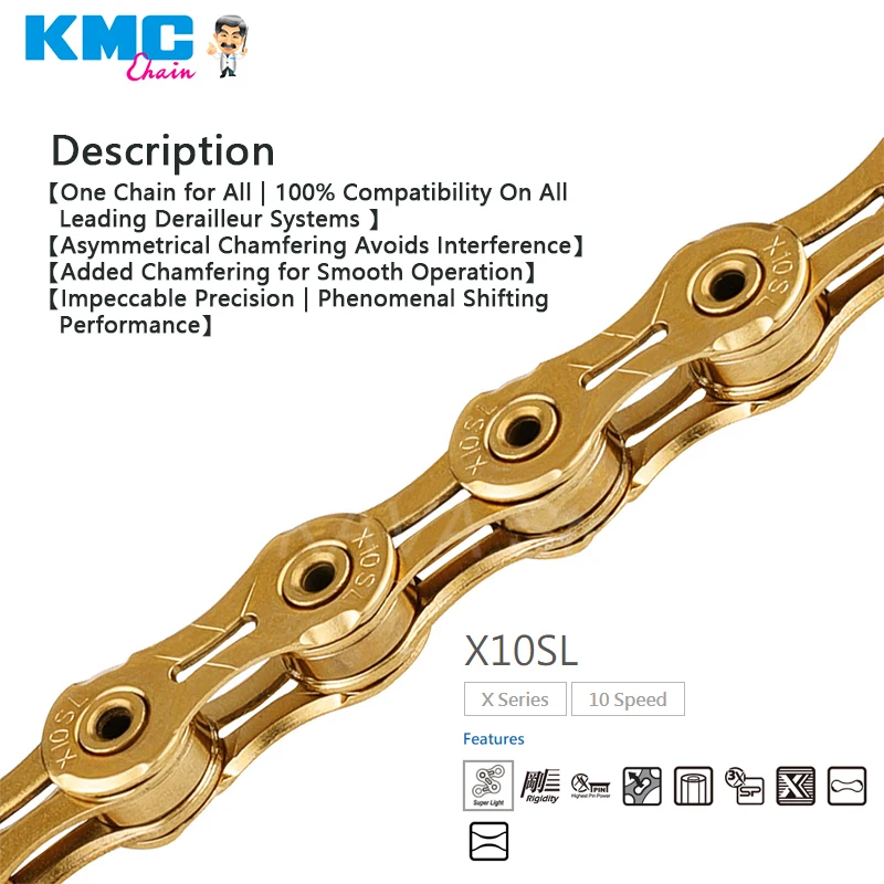 KMC high quality aluminum alloy silver gold wholesale series 10 Speed bicycle chain MTB Road KMC X10 X10SL X10EL 116L Bike Chain