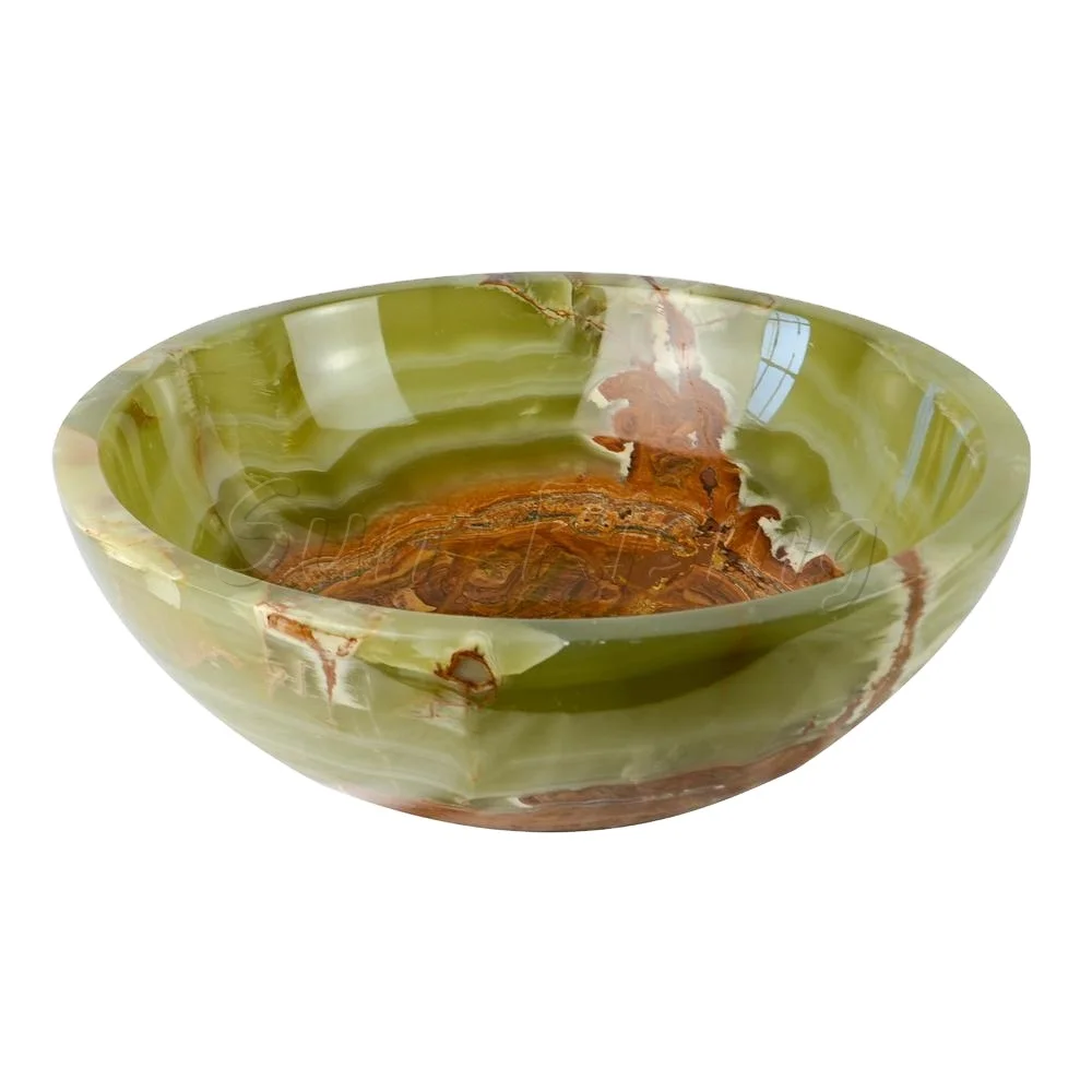 Highly Polished Natural Stone Marble Green Onyx Bathroom Vessel Sinks Round Stone Basin