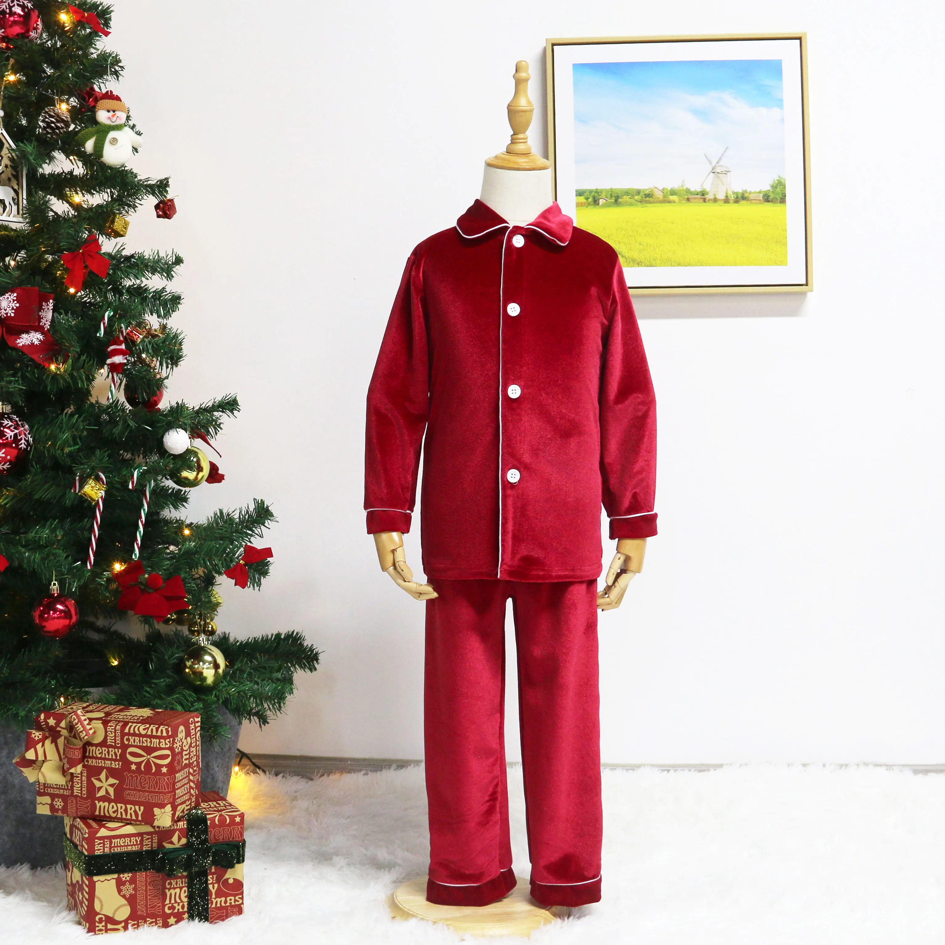 Lanye hot sale family matching set Christmas pyjamas red velvet women men adult pajamas