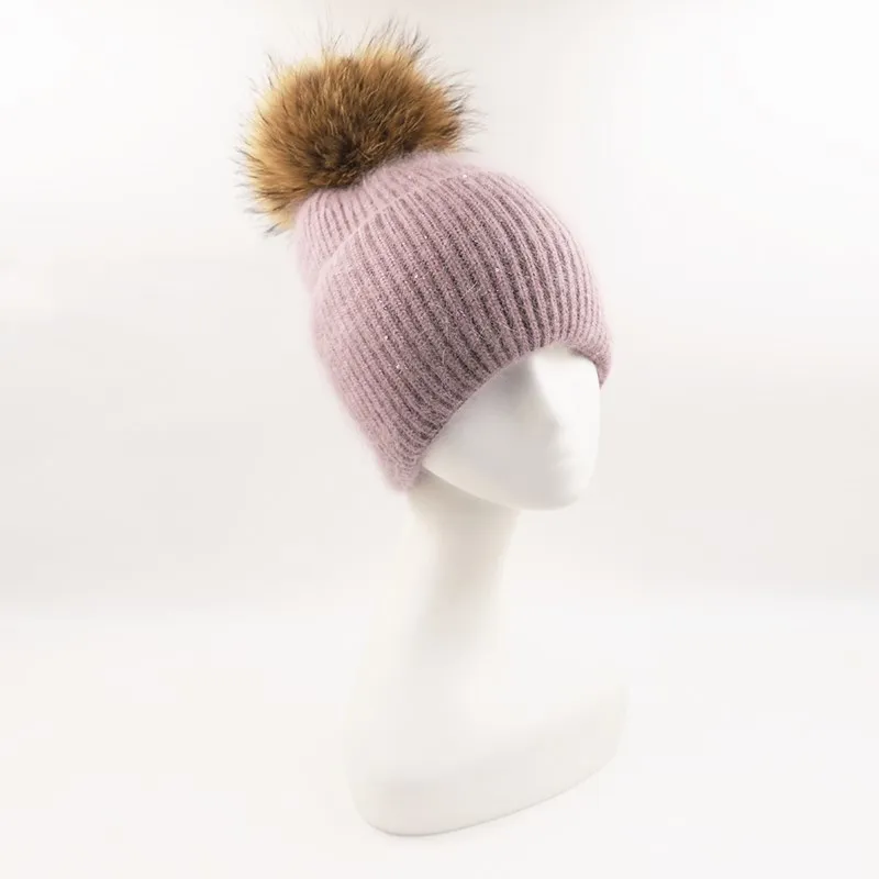 warm wool fur knitted stylish winter hats for women beanie hats with pompon
