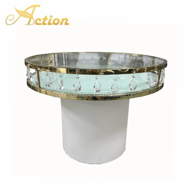 Round Crystal Glass Carved Golden Wedding Table Cake Table Flower Stand For Hotel Wedding Party