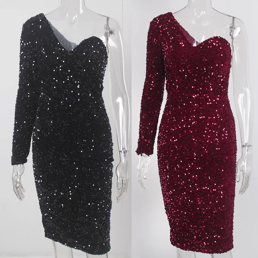 One Soulder Long Sleeve Sexy Black Sequined Velvet Short Cocktail Party Prom Midi Dress Prom Ball Gown
