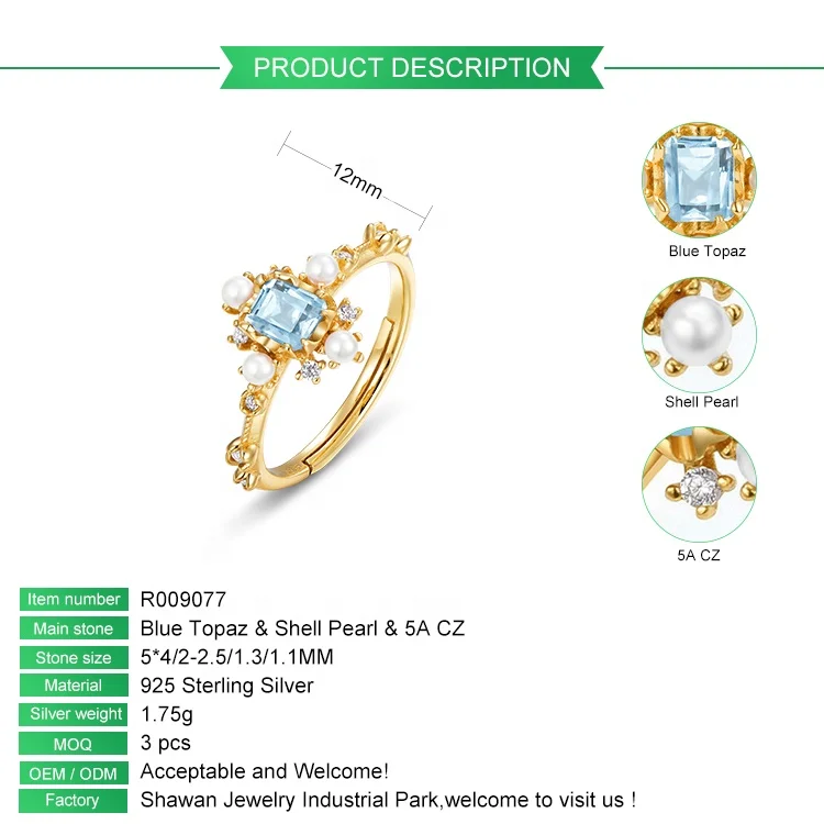 Vintage gemstone ladies rings S925 sterling silver sky blue topaz white shell cubic zirconia jewellery finger ring