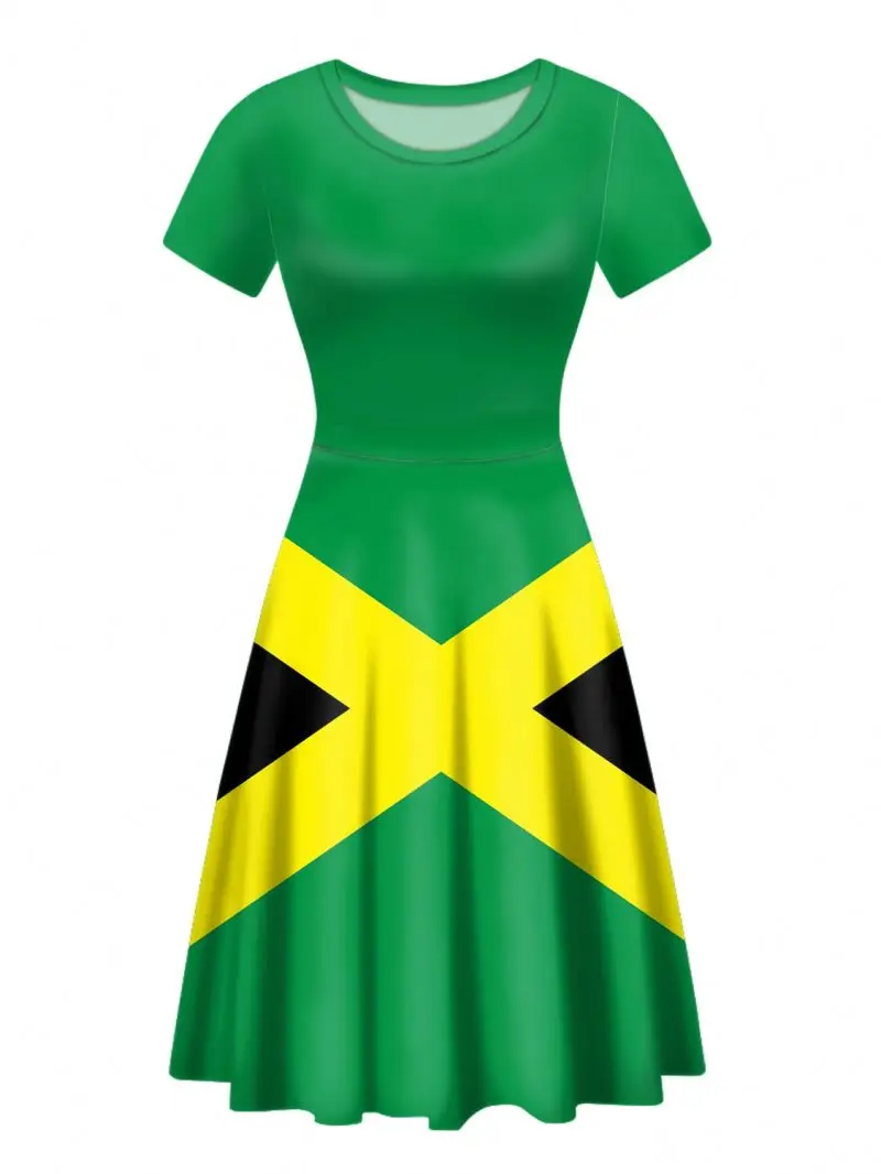 Wholesale Women Casual Dress Summer Jamaica Flag Print Loose Swing Short Sleeve Knee Length V Neck Elegant Tunic Dress