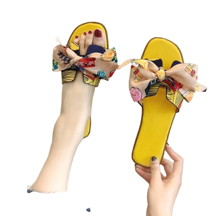 wholesale Summer Popular Women Slide sandal with Bow Decoration Ladies Slipper Printed Flat Slides for girl designer brand