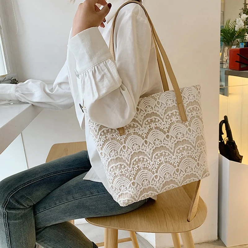2022 OMOI Custom Plain Hand Made Canvas Lace Cotton Women Shoulder Bag Hand Bag Tote Bags With Custom Printed Logo For Women