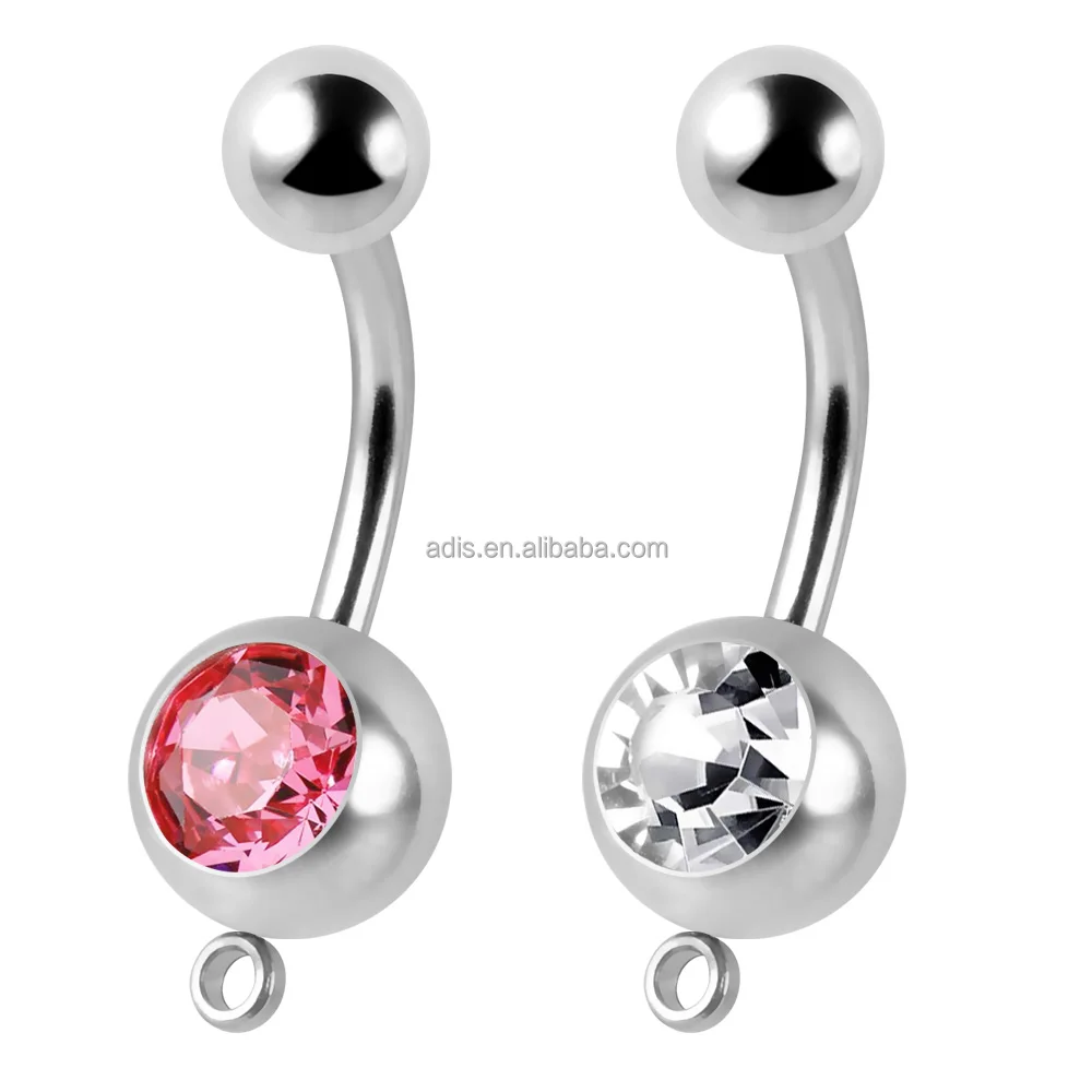 Custom Surgical Steel Dangle Pink Gem Curved Banana Barbell Fine style Belly Button Ring With Loop