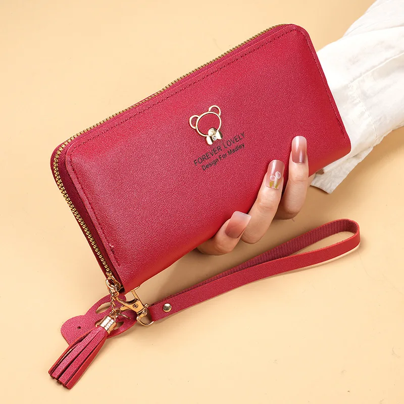RU Wholesale Embroidery Thread Long Clutch Wallet Zipper Portable Horizontal Mobile Phone Bag Bear Coin Purse Wallet For Women