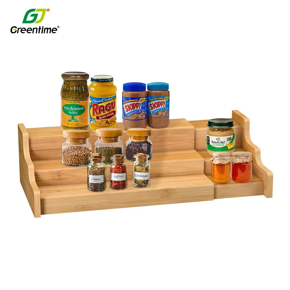 Expandable Wooden Seasoning Shelf Desktop Kitchen Organizer Display Shelf 3 Tier Bamboo Spice Rack