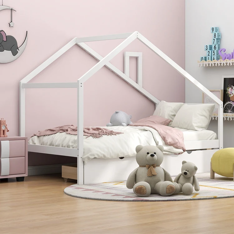Bedroom House Roof Shape Wooden Frame Kids Boys Girls Teens Toddler Children Daybed Montessori Floor Bed with Drawers