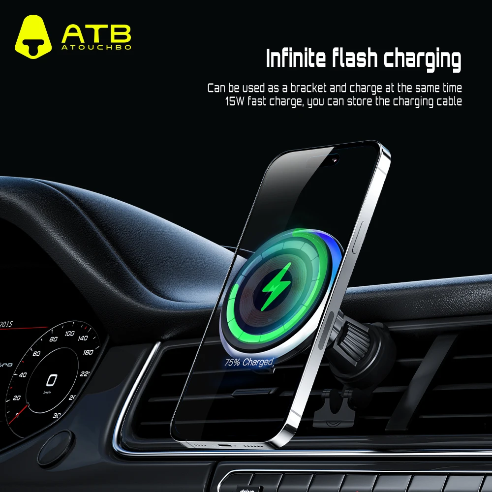 Magnetic Wireless Fast Charger 15W with LED Ambient Light Mobile Phone Stand Car Air Vent Mount Holder For Phone