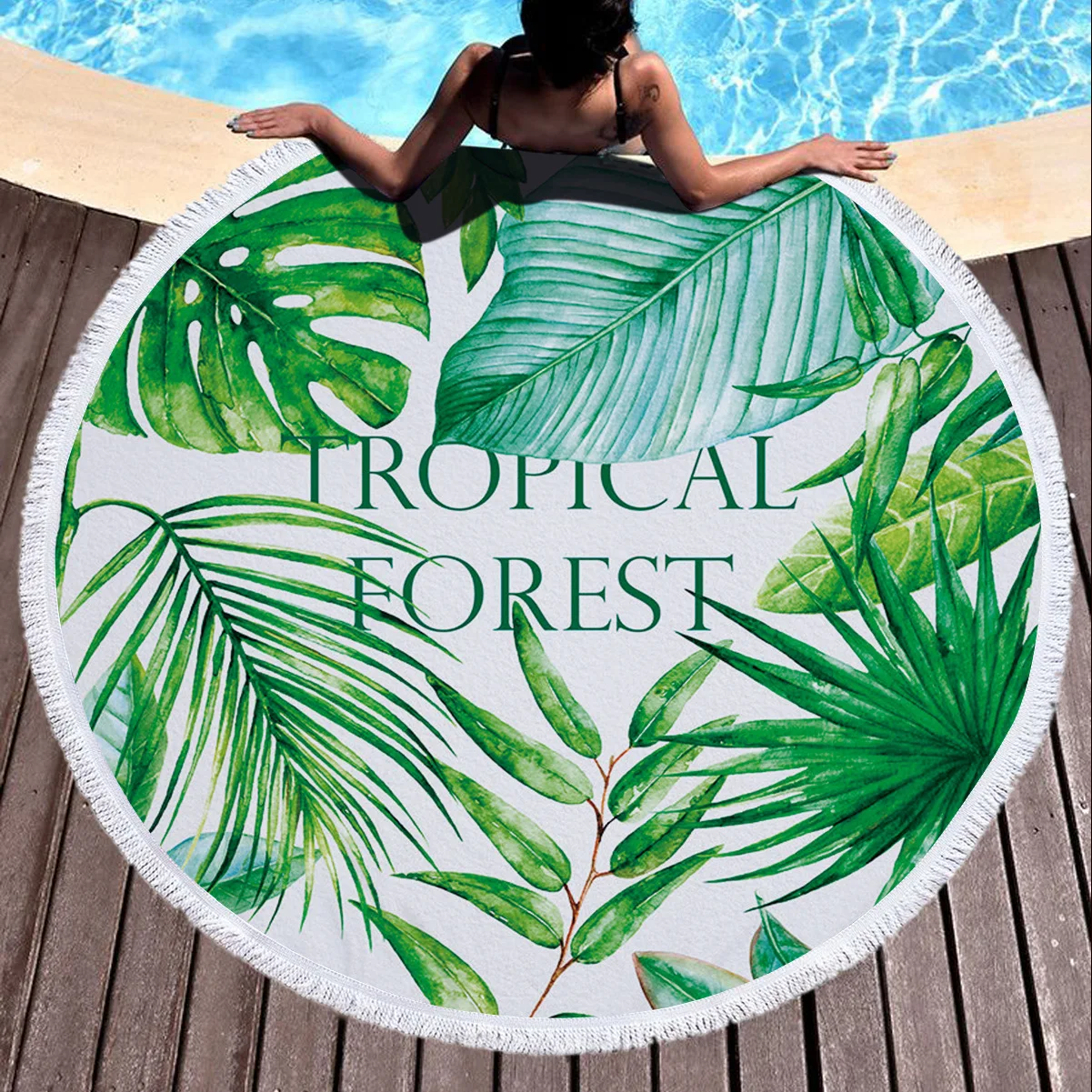 
Round Beach Towel Oversized Blanket Palm Leaves Fruit Print Microfiber Large Round Yoga Picnic Mat Super Water Absorbent Towel 