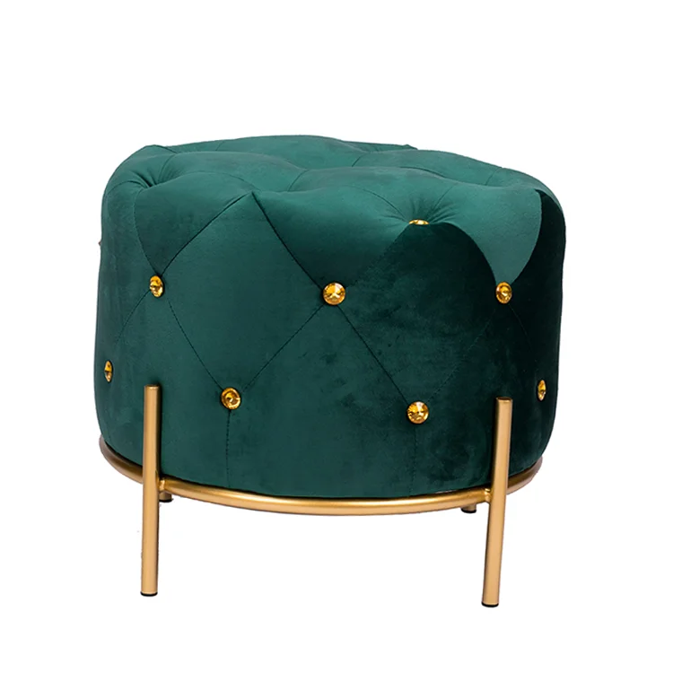 Simple Nordic Modern Base Velvet Poufs Round  Metal Stool Round Storage Ottoman Bench For Dressing Chair
