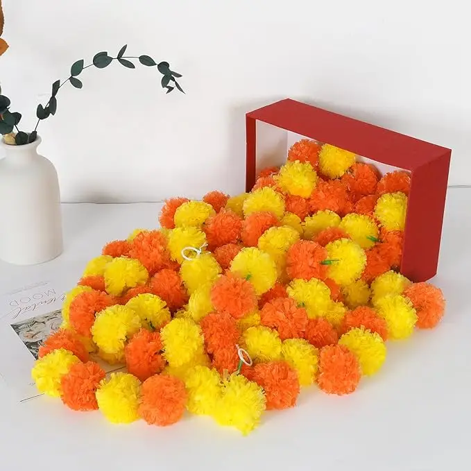 Marigold garland fluffy Diwali Decoration 1.5M Spring Bush Floral artificial flowers garland for Indian wedding Halloween decor