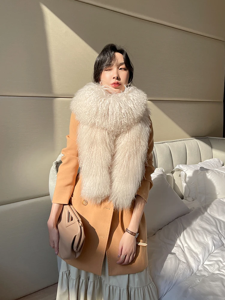 ZDFURS*  Quality mongolian fur Tibet sheep fur scarf Double-Sided Whole skin  Fur Collar  long Thickened