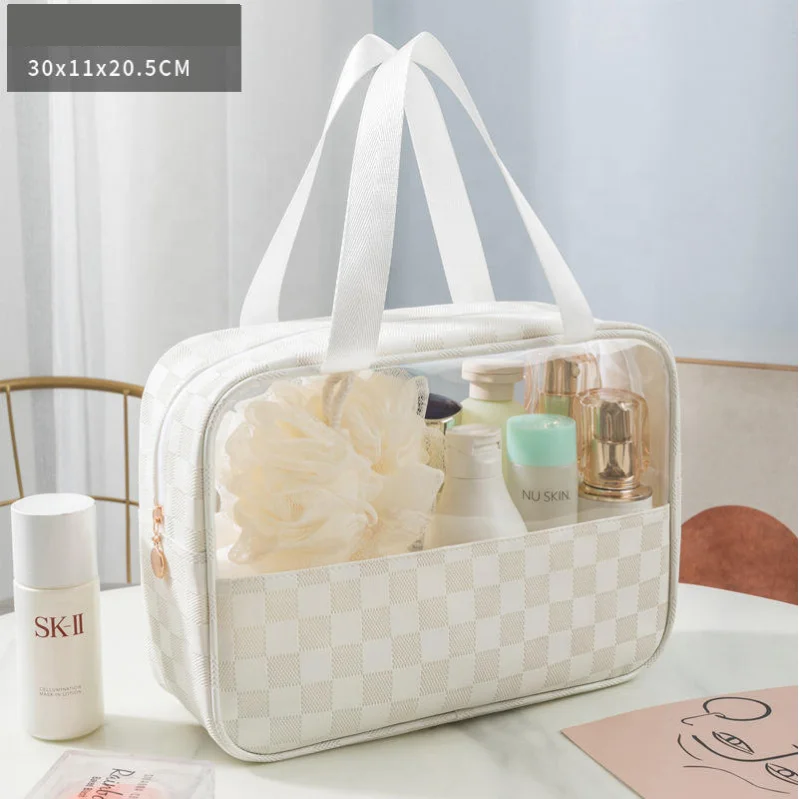 Custom Travel Square PU Cosmetic Bag Clear PVC Storage Wash Organizer Toiletry Bag  Makeup Bag With Handle