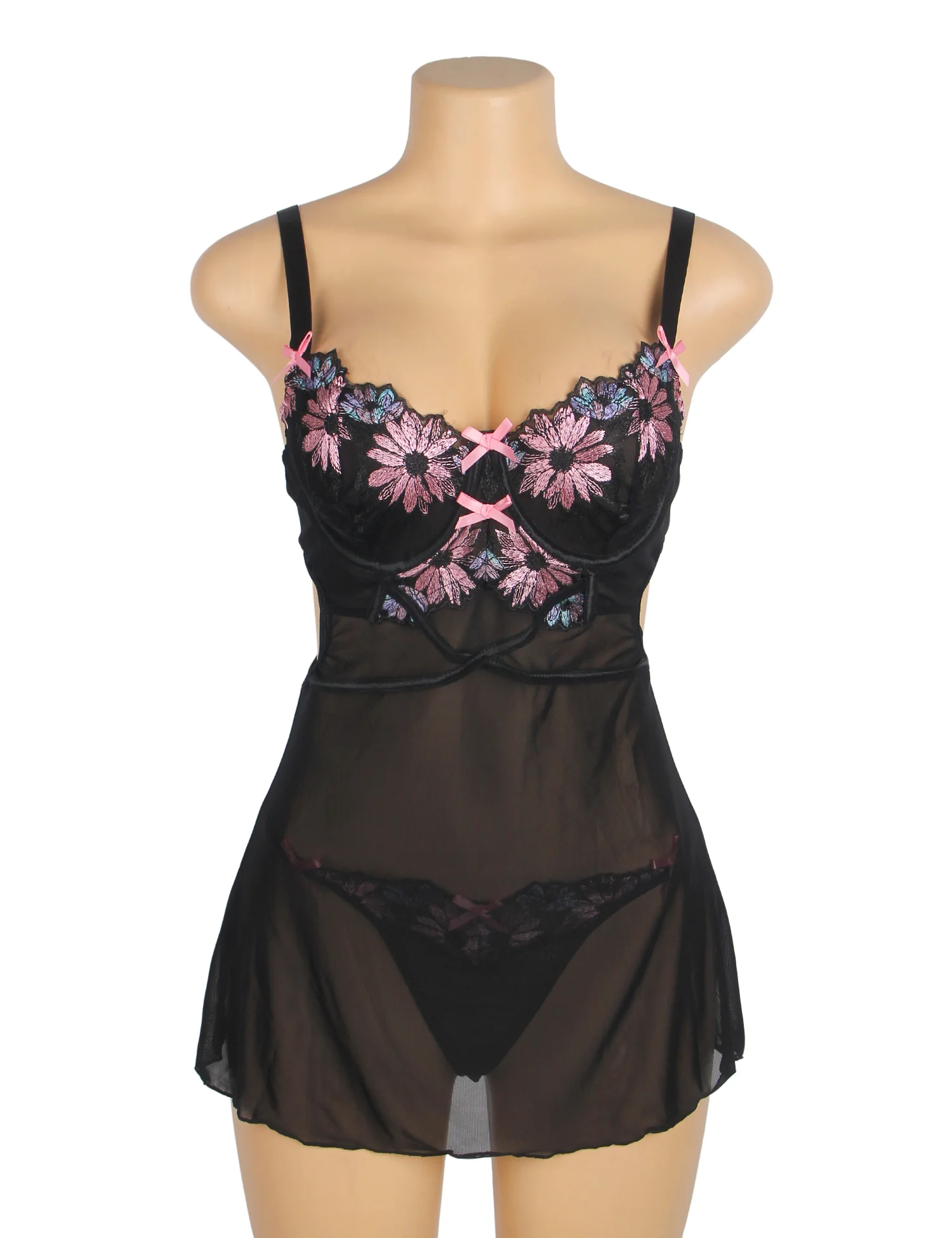 Black Sexy Mesh Floral Embroidery Lift Bra Suspender Costume Ladies Flirting Nightdress Sleepwear Sex Lingerie