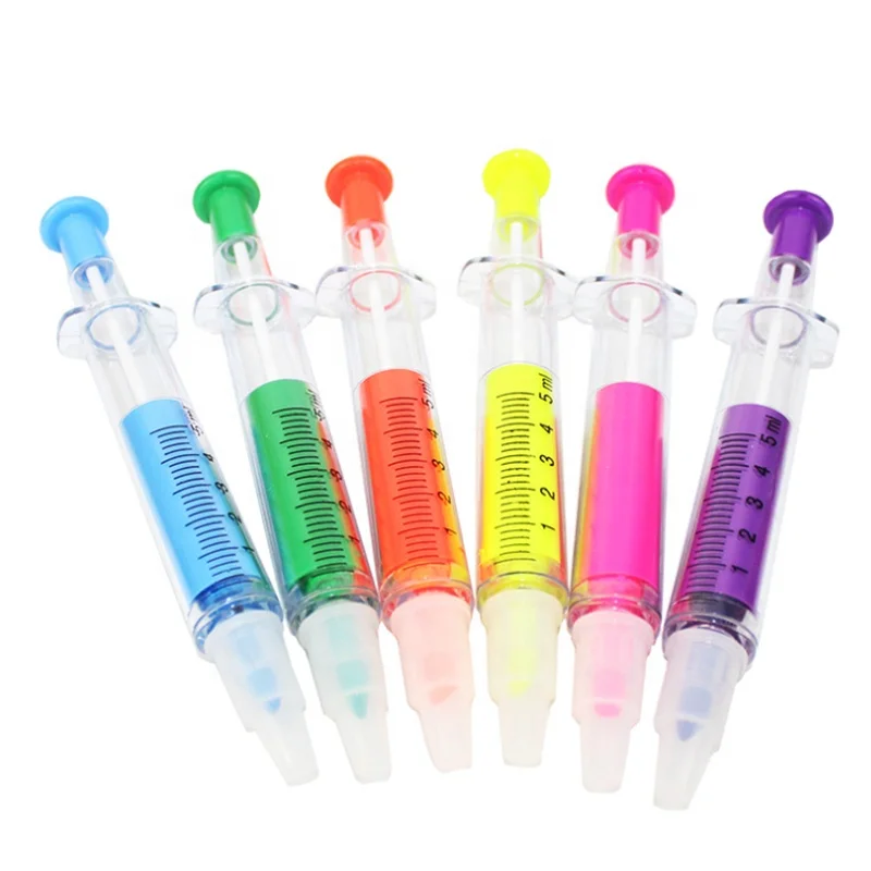 Popular 2 in 1 creative needle syringe highlighter with ball point pen assorted 6 colors for office, school and promotion gift