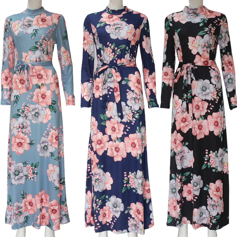 
Autumn New Design Long Sleeve Floral Print High Collar Women Boho Beach Maxi Long Casual Dresses 