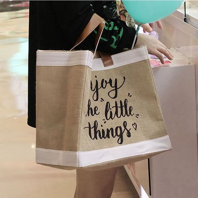 Eco friendly customised Reusable inner laminated womens linen cotton burlap beach tote bag natural jute bag tote