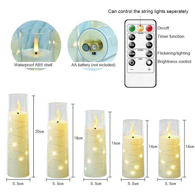 Flameless Flickering Plastic Candles with Embedded Star String Battery Operated LED Pillar Candles with Timer and Remote
