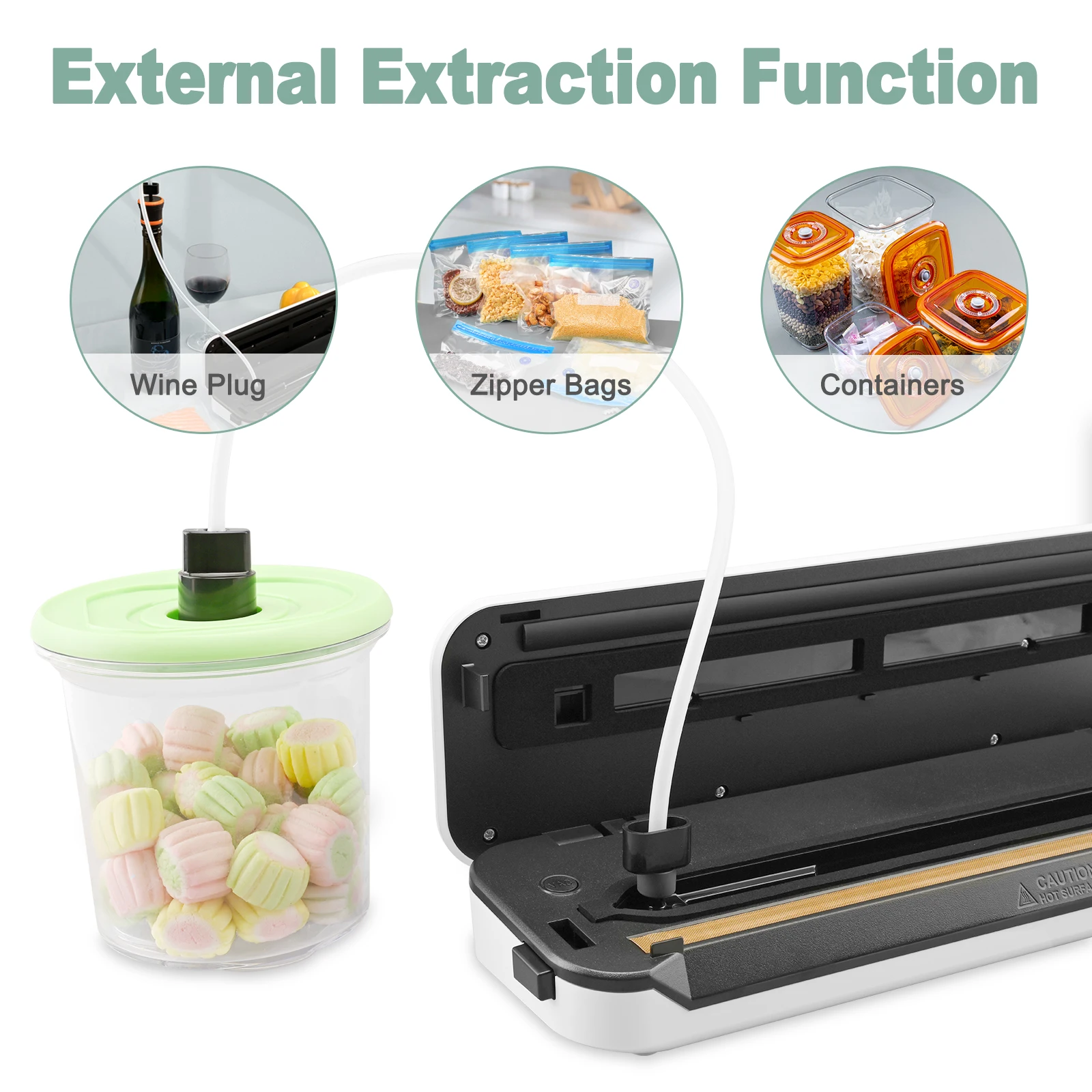 Kitchen food preservation vacuum food sealer comes with NTC overheat protection LED indicator 12V low voltage heating wire