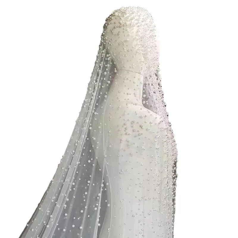 New Bride Wedding Lace Veils Long Cathedral Veil Soft Tulle Bridal Veils luxury heavy pearl headdress nail bead tailing