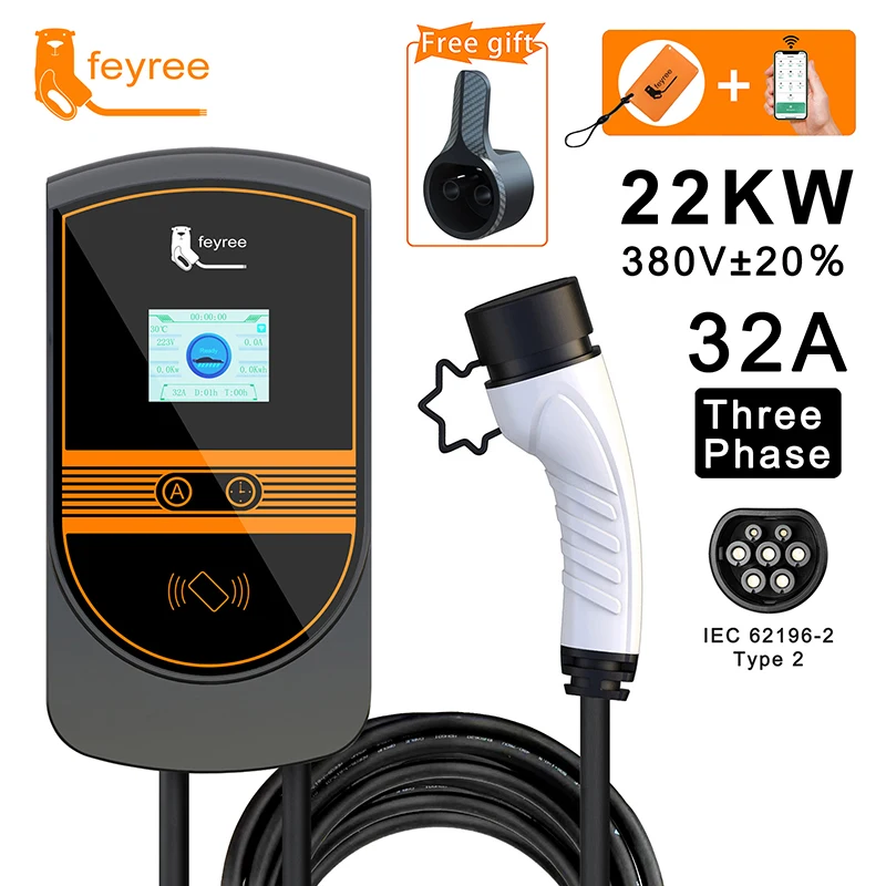 feyree  EVSE electric car charging station 32A 22kw ev charger Wallbox Type2 3 Phase  for Electric Vehicle Wifi APP Control RFID