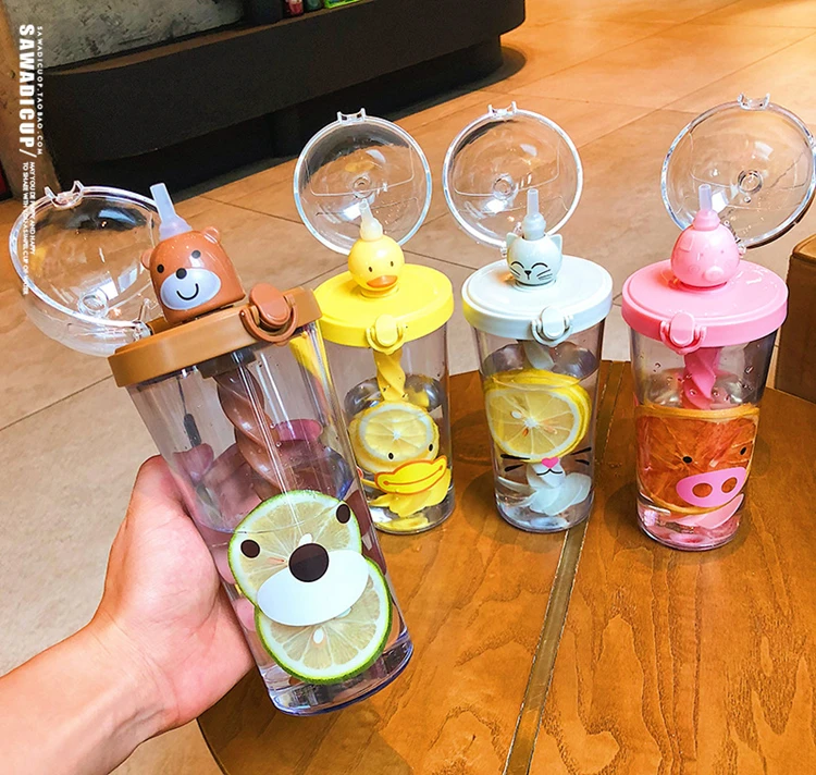 Water Bottles with Cute Animal Straw 14oz Kids Water Bottle Factory Direct Selling Unique Plastic PC Children Plastic Cups TOUR