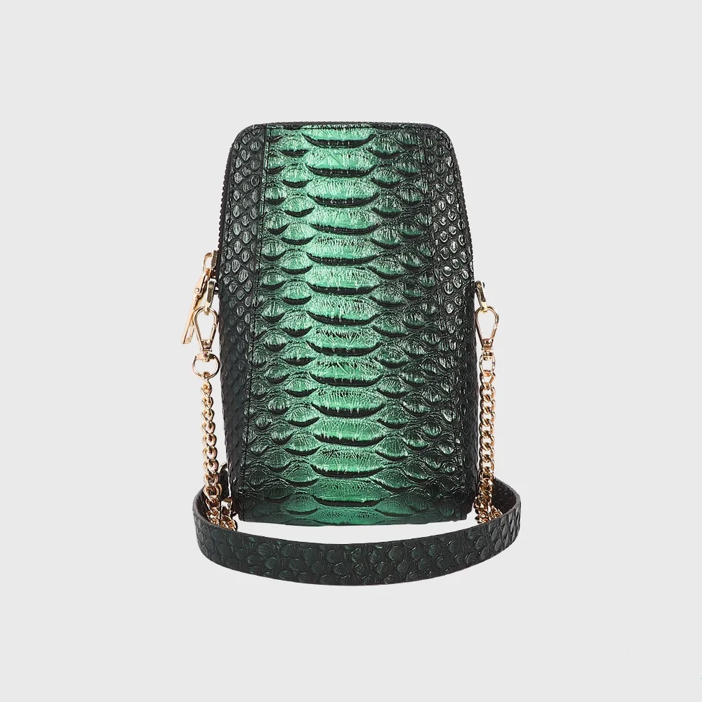 Luxury brown ostrich green python leather small phone bag metal chain wide strap crossbody sling bags for women girls shoulder