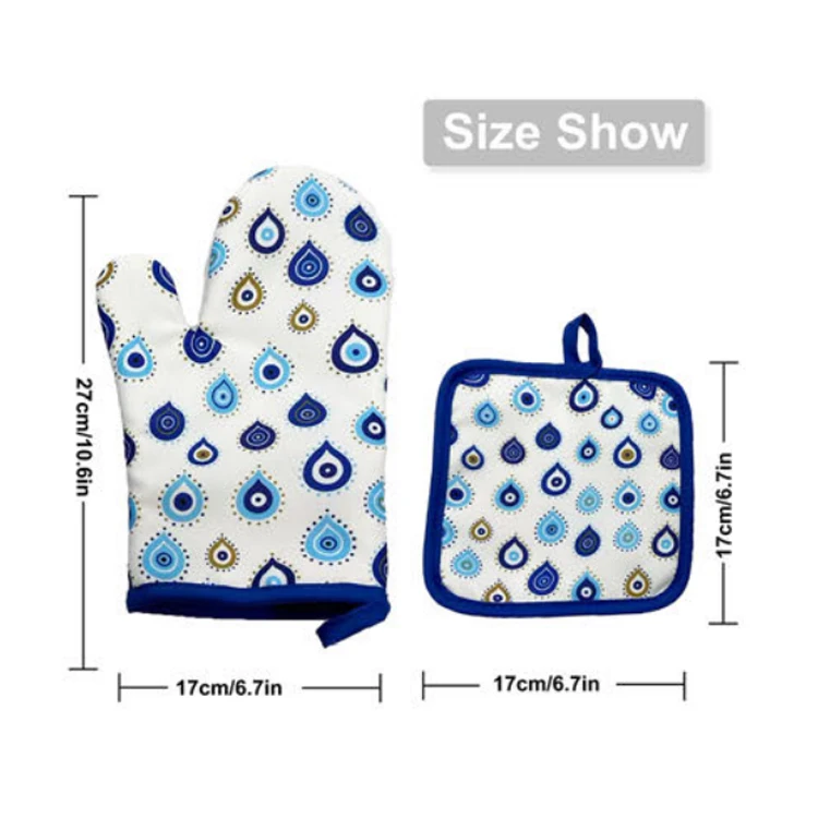 Custom logo oven gloves set evil eye design cotton microwave oven gloves and mat