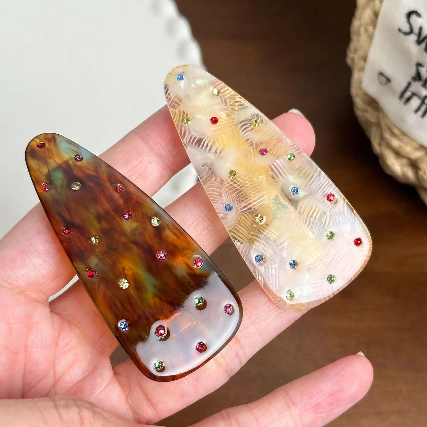 Korean Fashion Marble Acetate Alligator Hair Clip for Women Unique Colorful Rhinestone Duckbill Hair Clips for Party Occasions