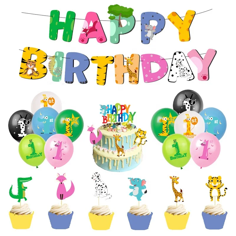 Safari Birthday Decorations  Included Birthday Banner Animal Balloons Cupcake Cake Toppers Kids Jungle Theme Party Supplies