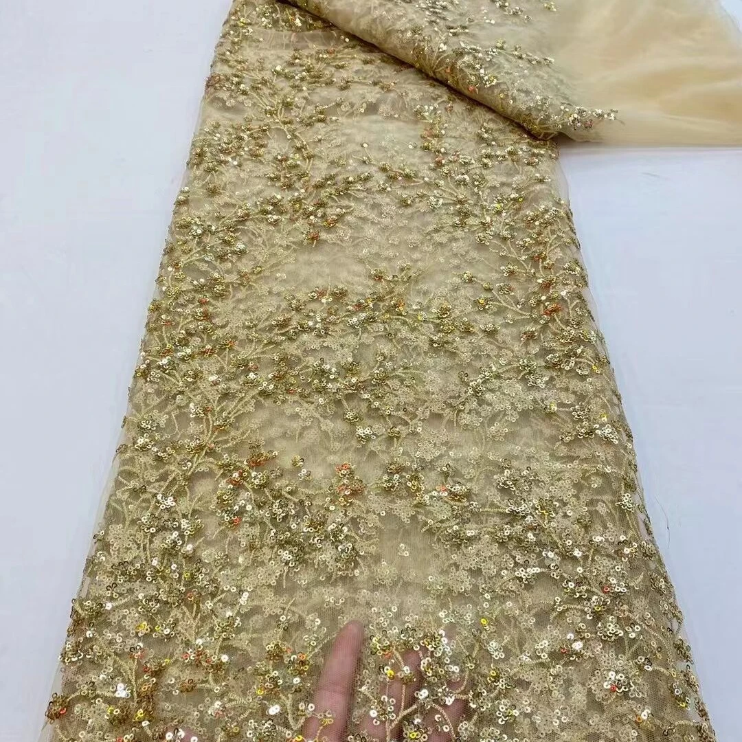 Good quality hot delling gold color french net lace design with sequins 5 yards party fashion style