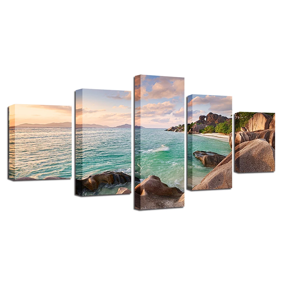 Seascape Prints Decor Living Room Wall Art 5 Pieces Reef Stone Blue Sea Water Paintings Poster Modular Canvas Pictures