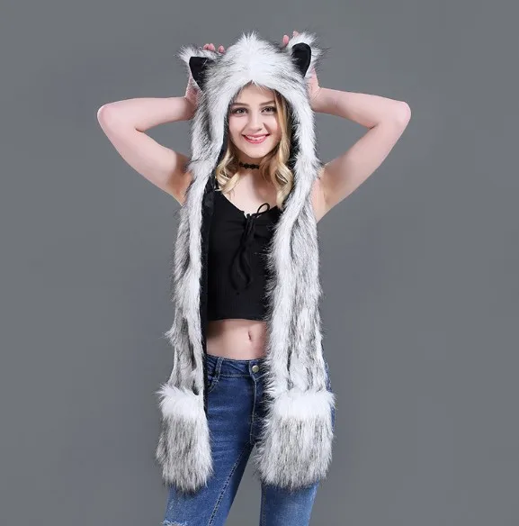 Stock fashion hood faux fur scarf furry women hat winter scarf with pockets