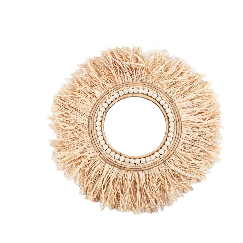 Customized  Hot Selling Handmade Raffia Mirror Home Decoration