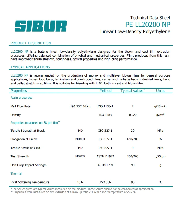 Линейный полиэтилен низкой плотности sibur 20211/20200 с нескользящей/без скольжения