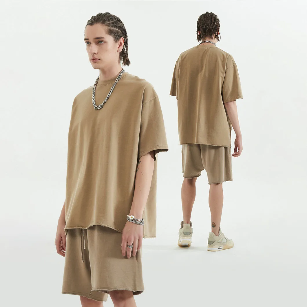 Wholesale Unisex  Custom Logo High Quality Street Wear Vintage Washed  Casual Pocket Plus Size T Shirt And Short Set For Men