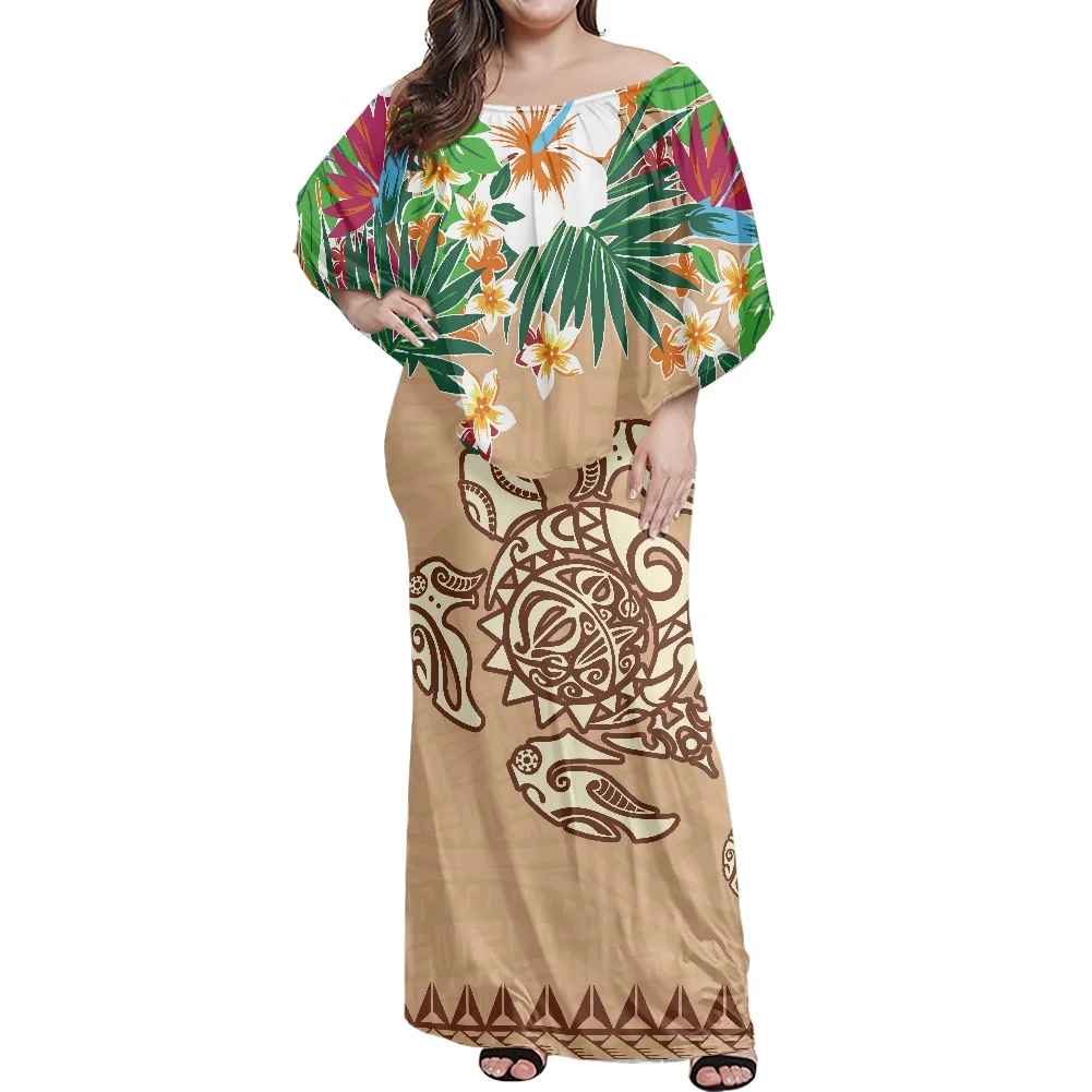 MOQ 1 Custom Low Price Dresses Hawaii Flower Polynesian Tribal Printed Wedding Dress Off Shoulder Wedding Dress